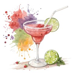 cocktail with lime, Creative Beverage Illustration – Lime Cocktail with Color Splashes, Hand-Painted Summer Drink Illustration