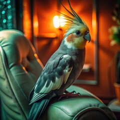 Beautiful Cockatiel Parrot with Bright Orange Cheeks in Living Room, Domestic Cockatiel Bird Indoors, Cockatiel Parrot, red tailed hawk perched
