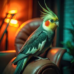 Beautiful Cockatiel Parrot with Bright Orange Cheeks in Living Room, Domestic Cockatiel Bird Indoors, Cockatiel Parrot, red tailed hawk perched
