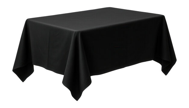 A rectangular table covered with a smooth black tablecloth, creating an elegant and formal appearance on transparent background.