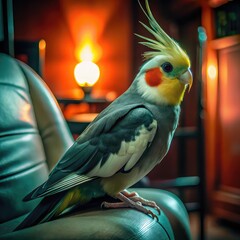 Beautiful Cockatiel Parrot with Bright Orange Cheeks in Living Room, Domestic Cockatiel Bird Indoors, Cockatiel Parrot, red tailed hawk perched

