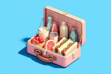 Lunchbox filled with colorful foods and drinks ready for a picnic on a sunny day