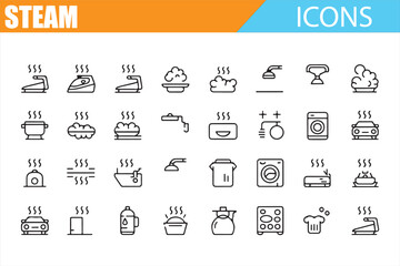 Collection of steaming household appliances and food preparation items in line art.