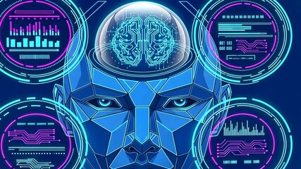 Futuristic artificial intelligence concept featuring human brain with digital interface elements - Powered by Adobe