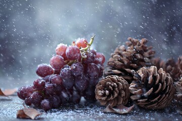 A cluster of frosted red grapes rests near pinecones, suggesting a winter or holiday theme.
