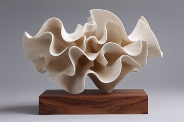 A ceramic sculpture with ruffled, petal-like layers sits atop a wooden base.
