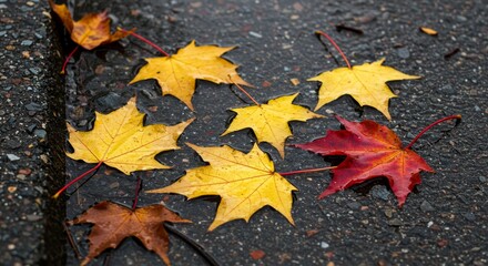Colorful Maple Leaves Floating in Rainwater Along a Country Gutter in Autumn