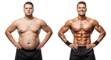 Caucasian man, 35-45, shirtless, in dark athletic shorts, before (overweight, serious) and after (muscular, joyful, with wristbands) body transformation on a transparent studio background for a health