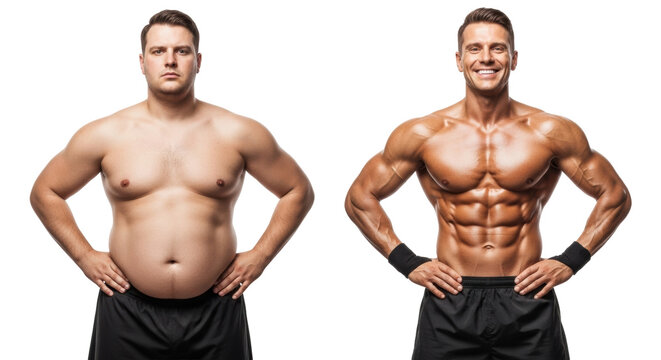 Caucasian man, 35-45, shirtless, in dark athletic shorts, before (overweight, serious) and after (muscular, joyful, with wristbands) body transformation on a transparent studio background for a health