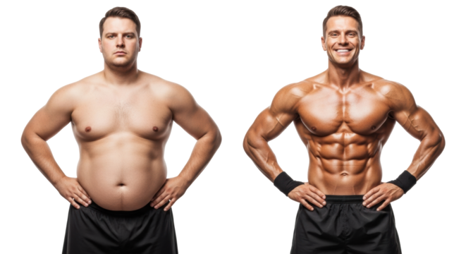 Caucasian man, 35-45, shirtless, in dark athletic shorts, before (overweight, serious) and after (muscular, joyful, with wristbands) body transformation on a transparent studio background for a health