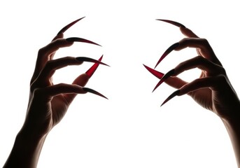 Scary monster hands with long sharp red claws silhouetted on a white background
