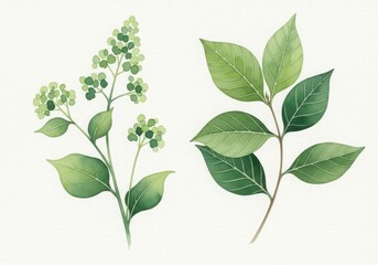 A watercolor illustration of green leaves and branches on white background