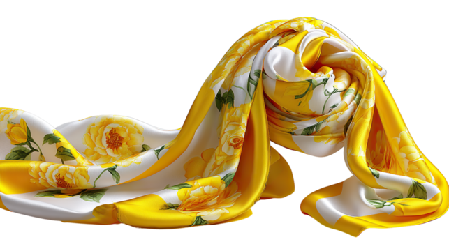 Floral Silk Scarf: A luxuriously draped floral silk scarf, its vibrant yellow and white hues create a sense of elegance and artistry. The delicate rose pattern adorns this premium textile.