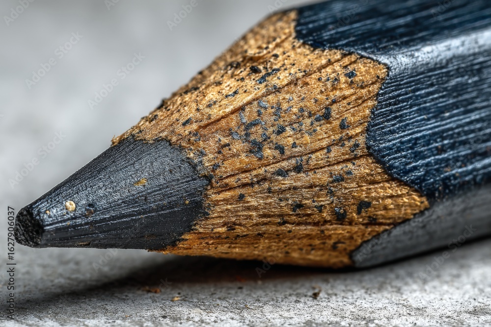 Poster close-up view of a sharpened pencil revealing intricate details of wood and graphite composition whi