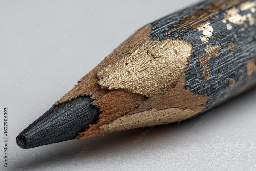 Poster close-up of a uniquely designed pencil with a metallic finish on a gray background focusing on artis