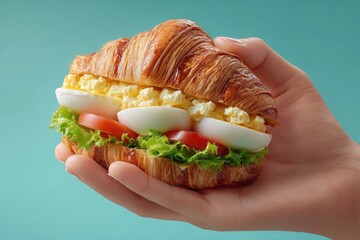 Hand holding a croissant sandwich filled with egg salad, lettuce, and tomato slices