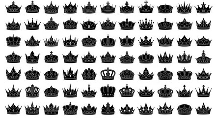 Royal crown silhouette vector icon set. Black king and queen crowns, tiaras, and coronets for branding, heraldry, luxury design elements, isolated PNG with Transparent Background