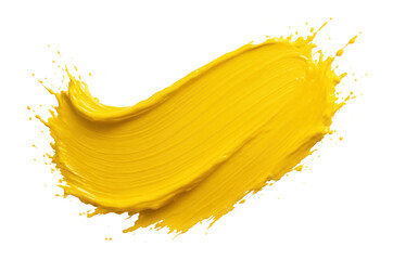 Bold yellow paint splash with dynamic brushstroke texture on transparent background.