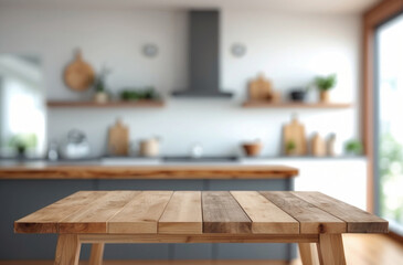 Blurry kitchen with wood top. Clean white bokeh. Interior design element.