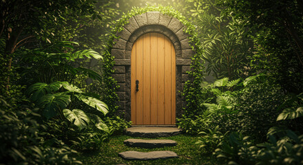 Fototapeta premium Mysterious Wooden Doorway in Lush Tropical Jungle, Serene and Enigmatic Atmosphere.