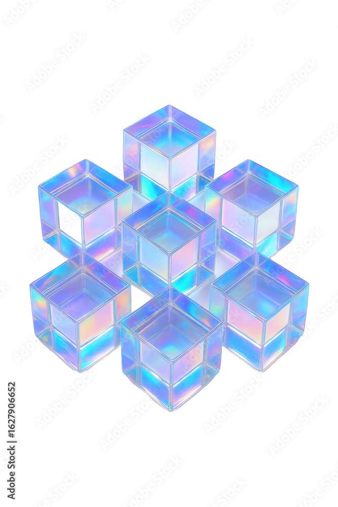 Poster abstract arrangement of iridescent glass cubes with holographic shimmer, creating a futuristic and e