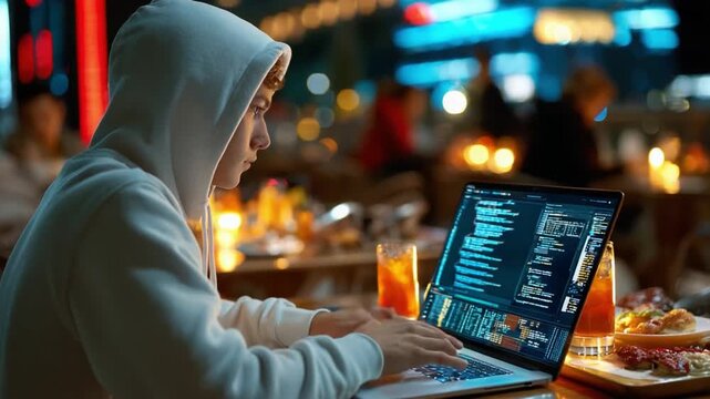 Code Enigma: A focused individual, shrouded in a hooded jacket, intensely codes on a laptop in a dim cafe, their gaze fixated on the glowing screen.