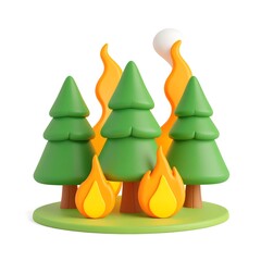 Fototapeta premium 3d cartoon wildfire scene with small pine trees burning and smoke rising, glowing orange flames, isolated icon style on white background.