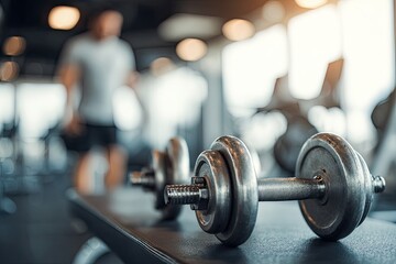 Fototapeta premium Close-up of metal dumbbells on a gym bench, blurred background of people and equipment