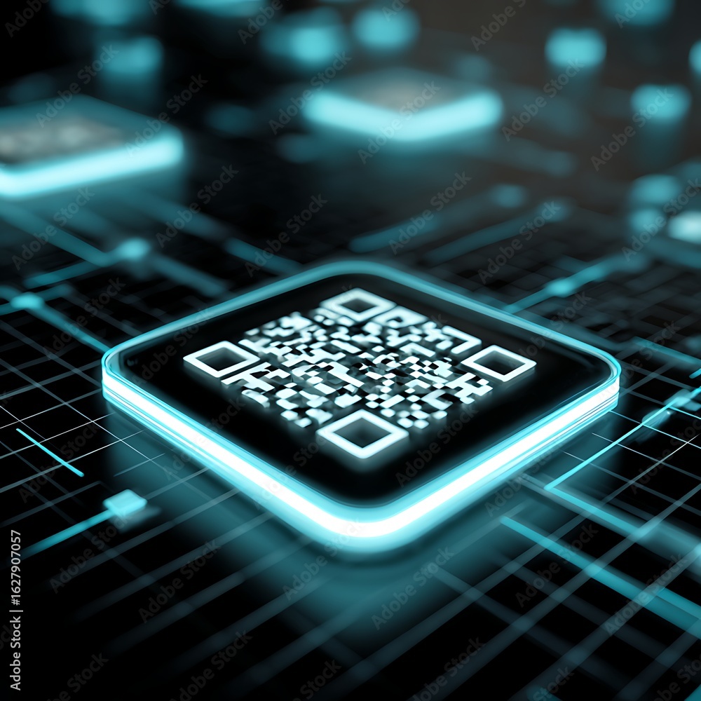Poster glowing qr code on circuit board