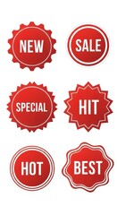 Red promotional sticker set with New, Sale, Special, Hit, Hot, Best text isolated on white background