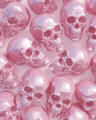 Many pastel pink skulls, glossy, close-up