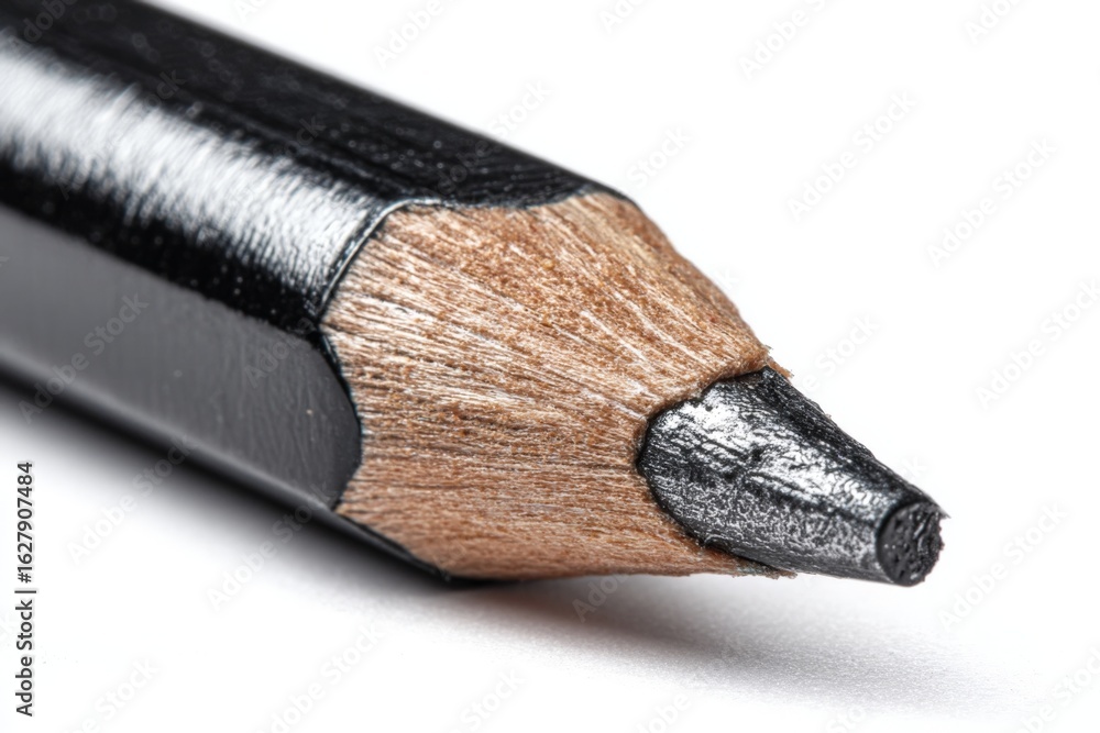 Poster close-up view of a sharpened black pencil highlighting its texture and detail on a plain white backg