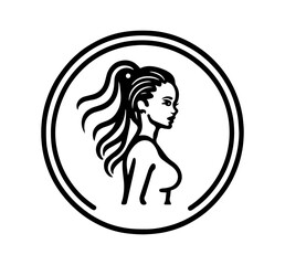 Elegant female portrait within a circular frame presents a sleek design for fashion, beauty, or cosmetic branding projects.