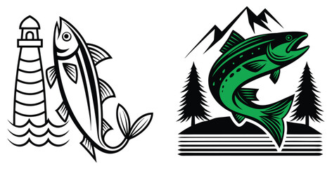 Obraz premium Majestic Salmon Leaping, Lighthouse, Mountains, Coastal Scene