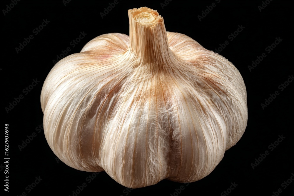 Poster garlic bulb displayed on a black background highlighting its unique texture and shape with natural l