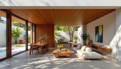 Obraz premium interior of pavilion designed to use natural daylight as spatial divider with bright zones used for gathering and shaded corners for relaxation forming a balanced layout experience