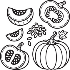 Hand Drawn Pumpkin Collection with Slices and Seeds &ndash; Autumn Harvest Vector Line Art, pumpkin, pumpkin slices, autumn, thanksgiving