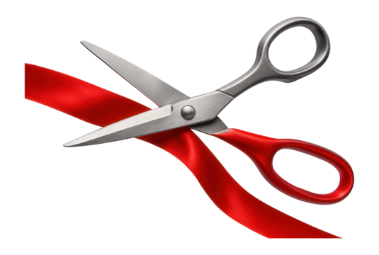Silver scissors with red handles cutting through a bright red ribbon on transparent background.