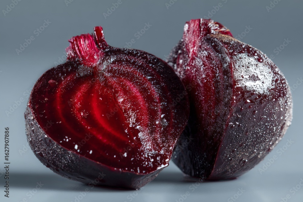 Poster Freshly sliced red beetroot with droplets of water on a gray background highlighting its vibrant color and texture