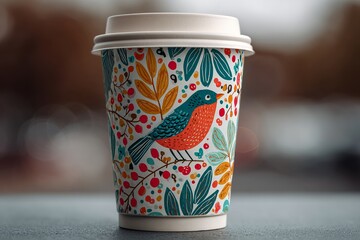 A vibrantly decorated coffee cup with floral and bird motifs sits with a blue lid on a blurred background.
