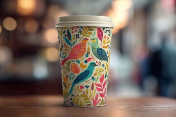 A vibrantly decorated coffee cup with floral and bird motifs sits with a blue lid on a blurred background.
