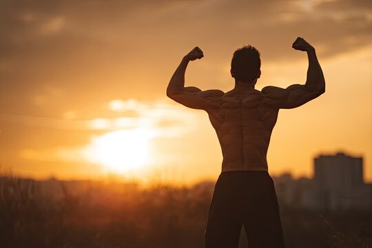 Muscular man flexing at sunset.  Silhouette of a  strong  bodybuilder against a golden sunset