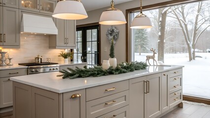 Sleek Holiday Kitchen with Quartz Countertops and Winter View