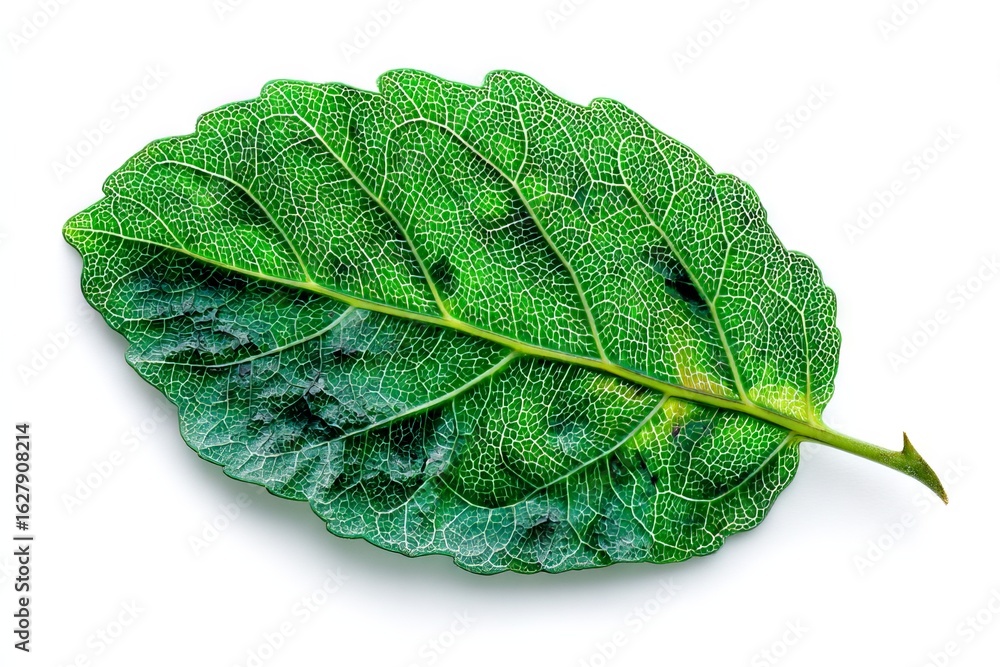 Poster detailed close-up of a green leaf showcasing intricate vein patterns and vibrant color under natural