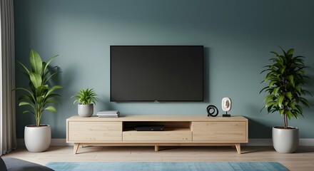 Fototapeta premium Modern TV console with houseplants and minimalist decor