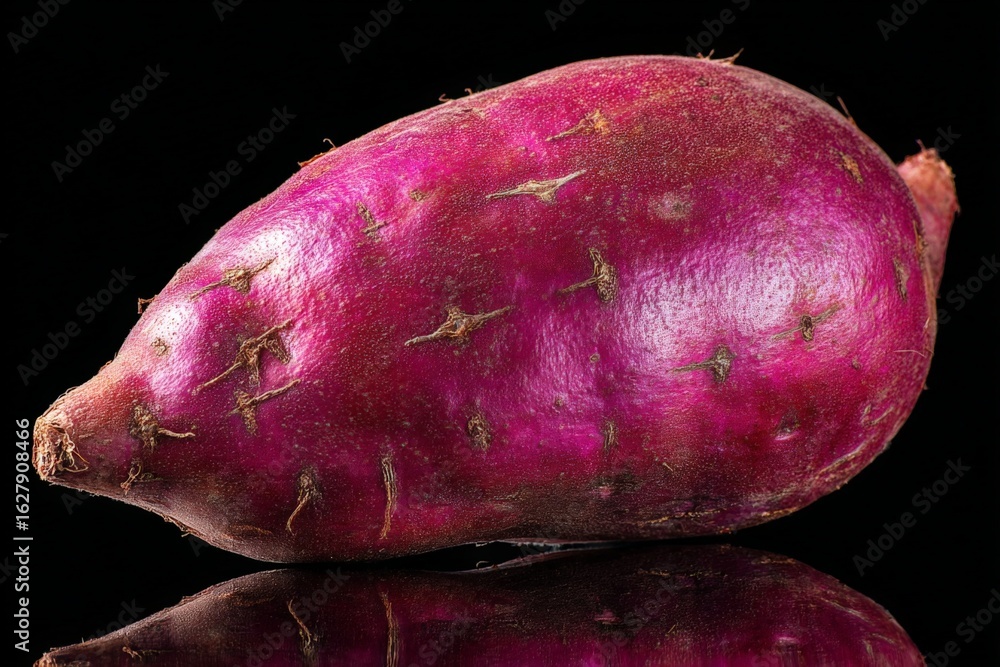 Poster bright purple sweet potato displayed on a reflective surface emphasizing its unique color and textur