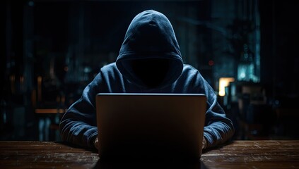 Anonymous hacker at a laptop in a dark room