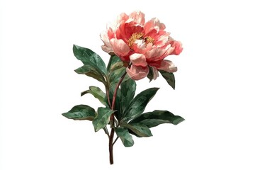 Fototapeta premium Beautiful peony flower illustration with delicate petals and lush green leaves on a white background