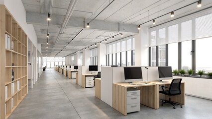 Modern open plan office interior with natural light and workstations