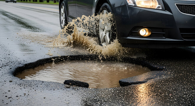 Car splashing through a large pothole on a wet road.